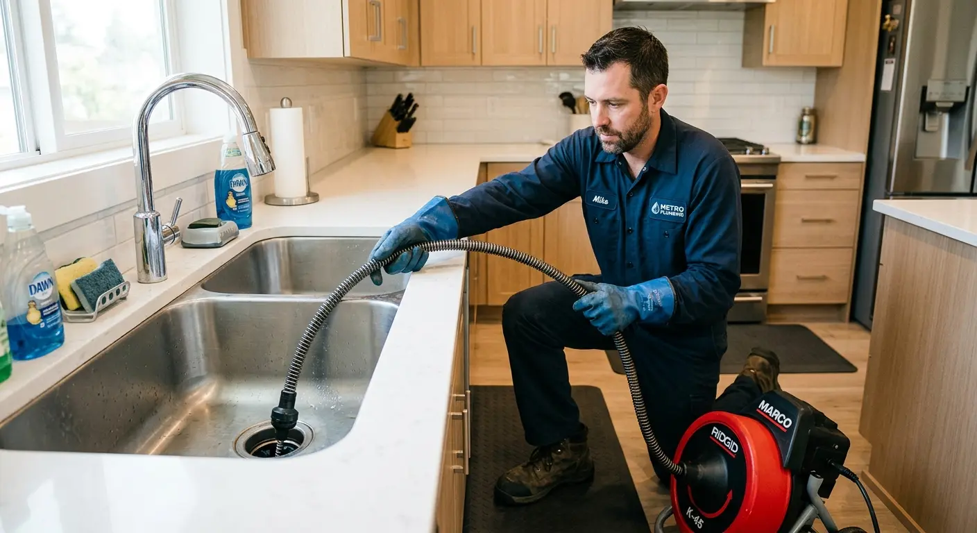 Drain cleaning technician using a motorized snake on a kitchen sink in Picnic Point