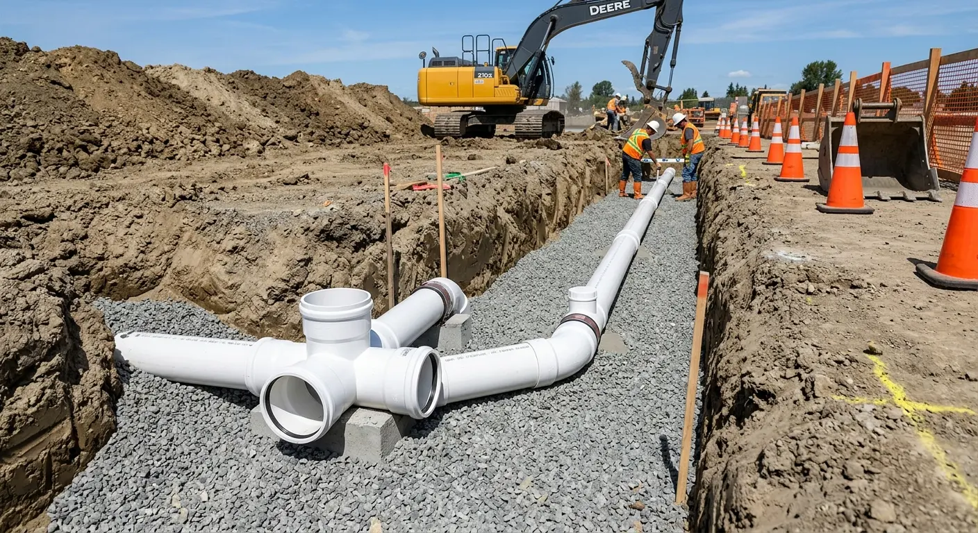 New PVC sewer pipe installation in open trench for Commercial Drain Cleaning in Picnic Point