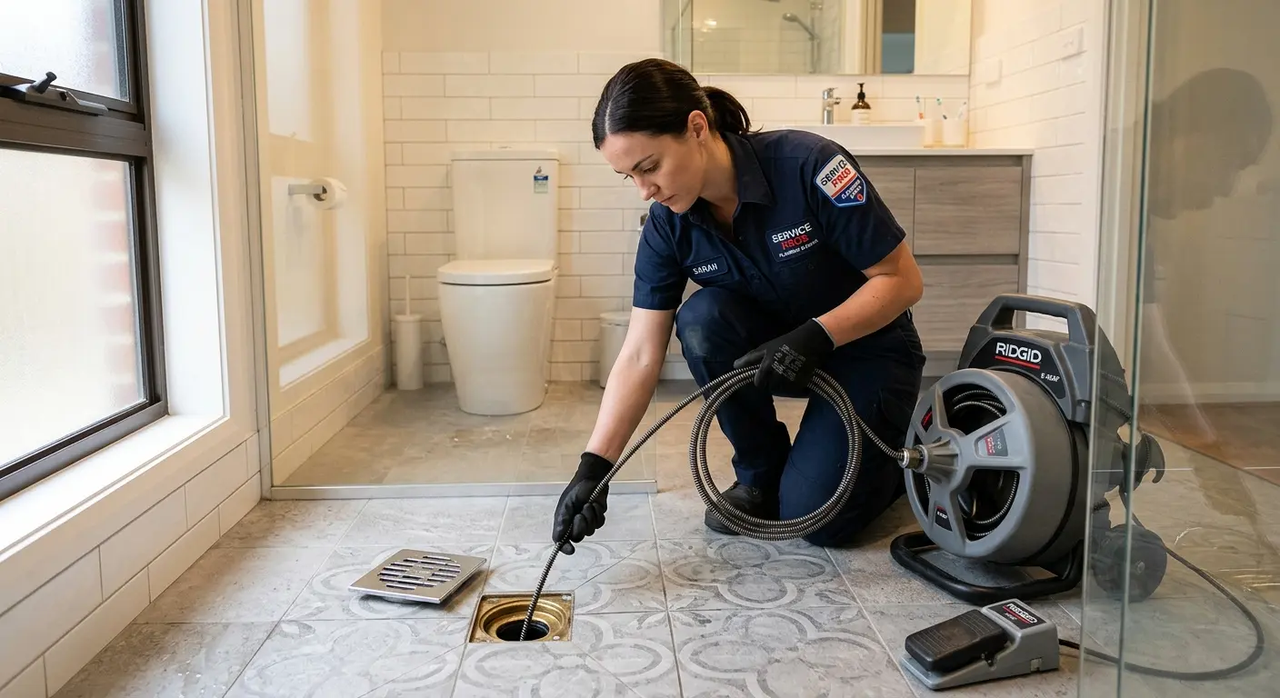 Technician clearing a bathroom floor drain for Drain Cleaning in Picnic Point
